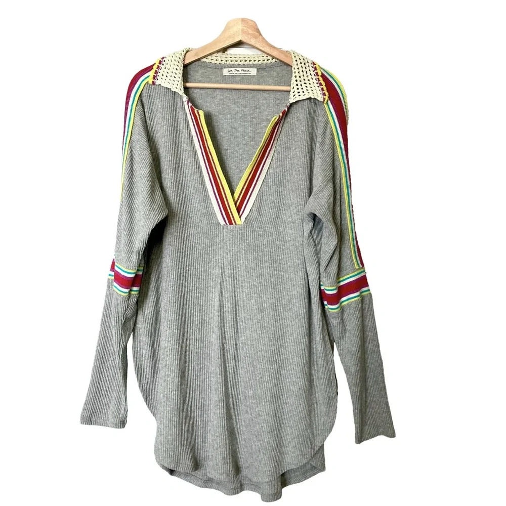 FP Feeling Magical Grey Ribbed Oversized Tunic Crochet Collar Racing Stripe - Picture 2 of 13
